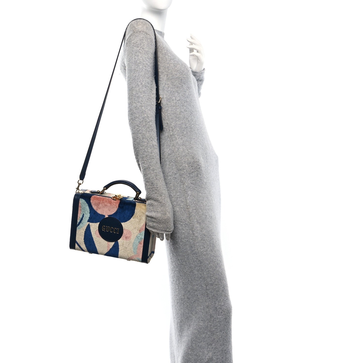 Gucci Chenille Textured Dollar Calfskin Print Savoy Top Handle Beauty Case Blue Multicolor 2 of 9