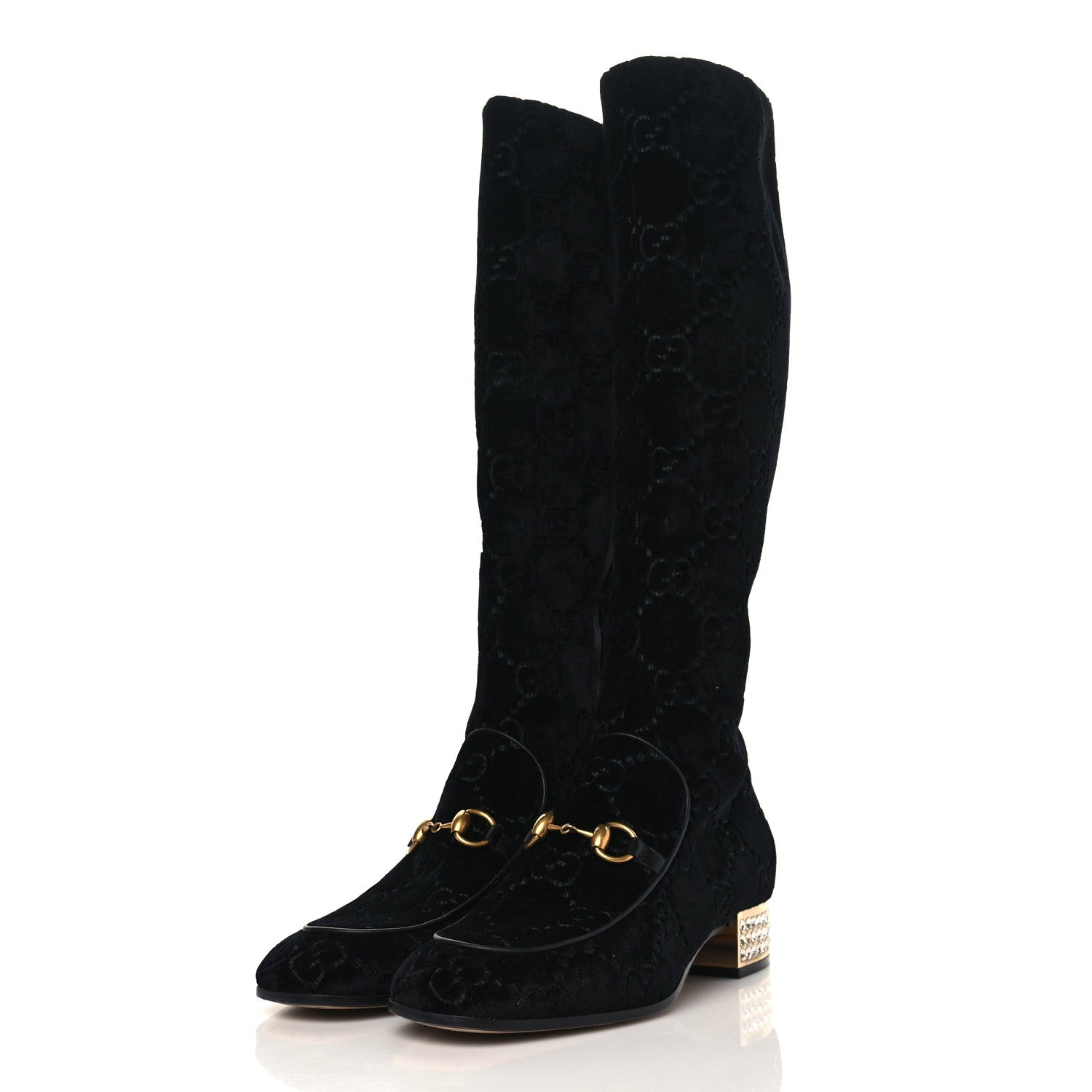 Gucci Velvet GG Monogram Crystal Horsebit Knee High Boots 39 Black 3 of 10