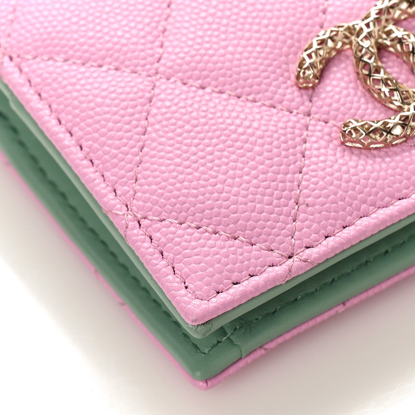 Caviar Metal Perforated Quilted CC Compact Bi-Fold Flap Wallet Lilac Light Green
