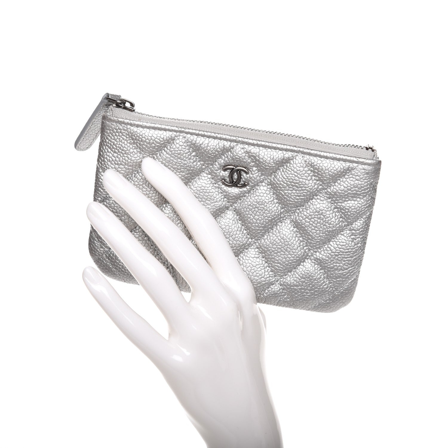Chanel Metallic Caviar Quilted Small Cosmetic Case Silver 2 of 7