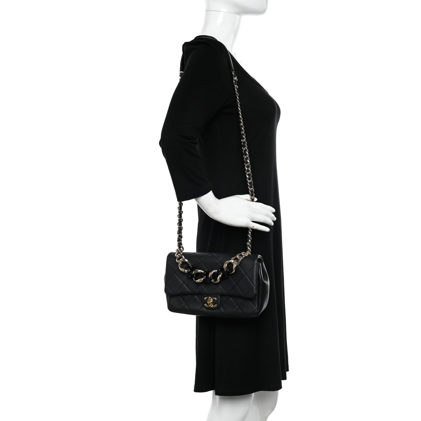 Lambskin Quilted Resin Bi-Color Chain Flap Bag Black
