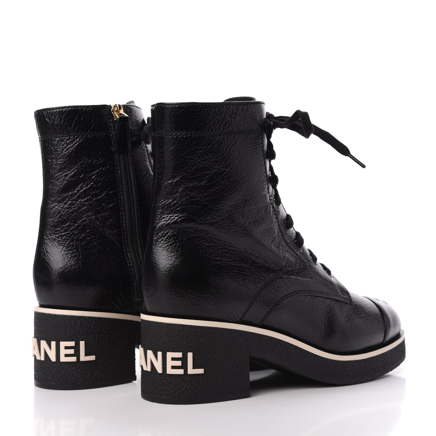 Shiny Crumpled Lambskin Cap Toe CC Lace Up Boots 40.5 Black