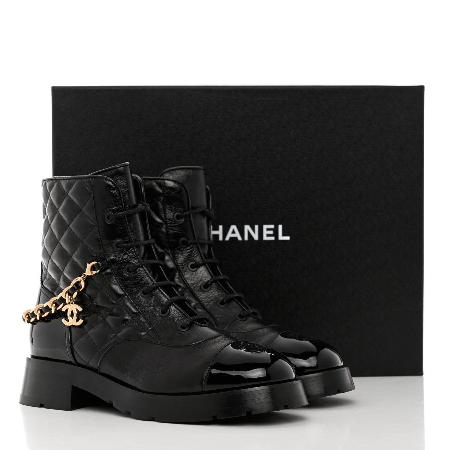 Chanel Shiny Calfskin Patent Quilted Chain Lace Up Combat Boots 40 Black 9 of 9