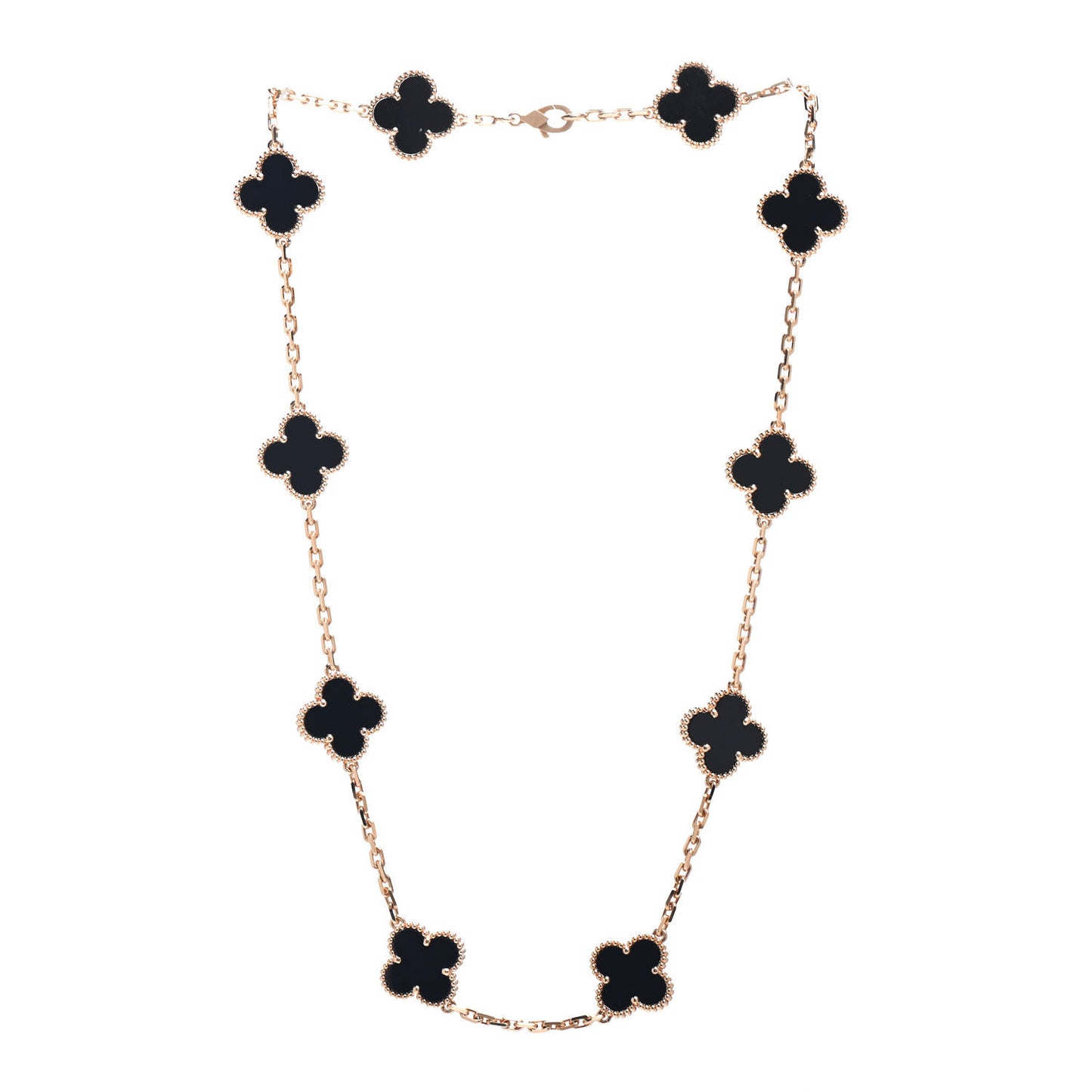 18K Yellow Gold Black Onyx 10 Motifs Vintage Alhambra Necklace