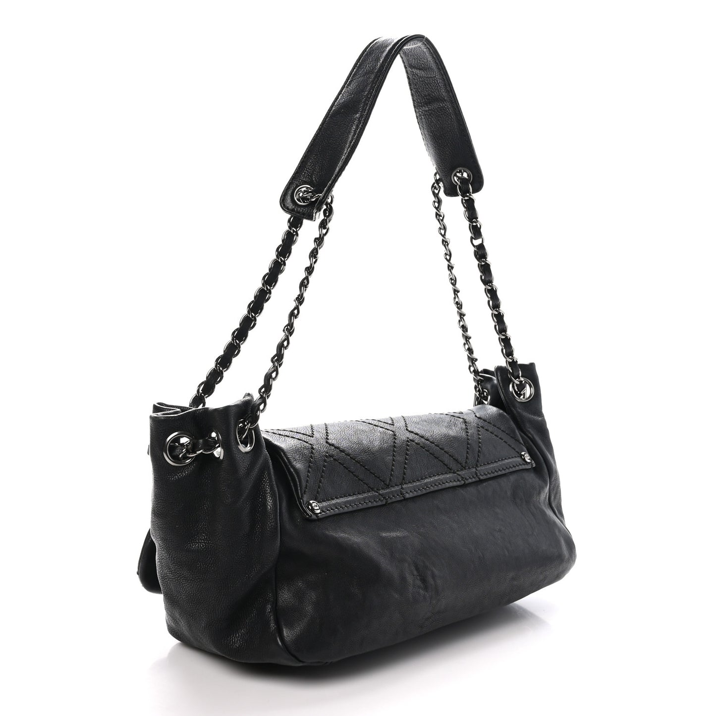 Calfskin Diamond Stitch Accordion Flap Black