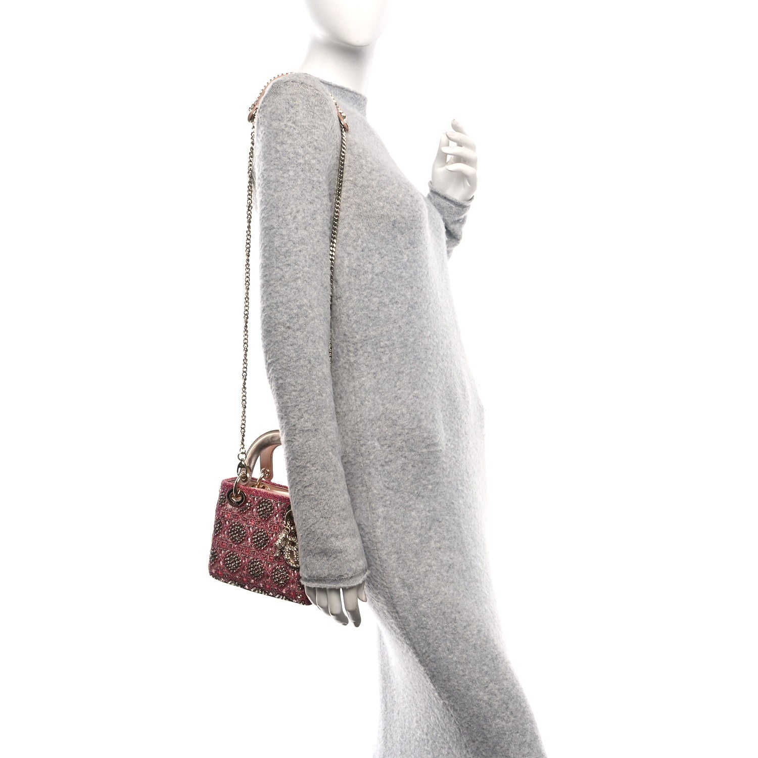Christian Dior Metallic Calfskin Satin Celestial Bead Embroidery Cannage Mini Lady Dior Rose Des Vents 3 of 21