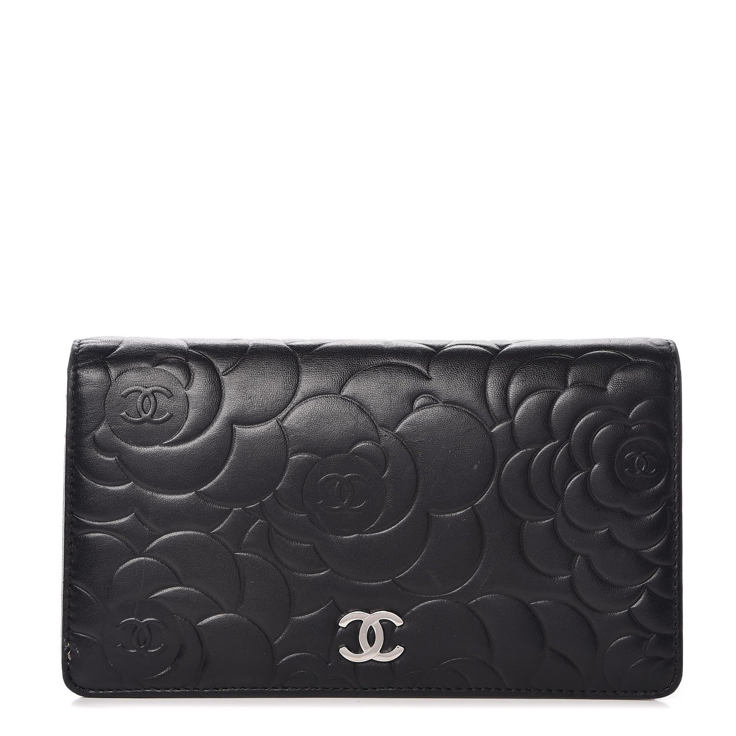 Lambskin Camellia Embossed Yen Wallet Black