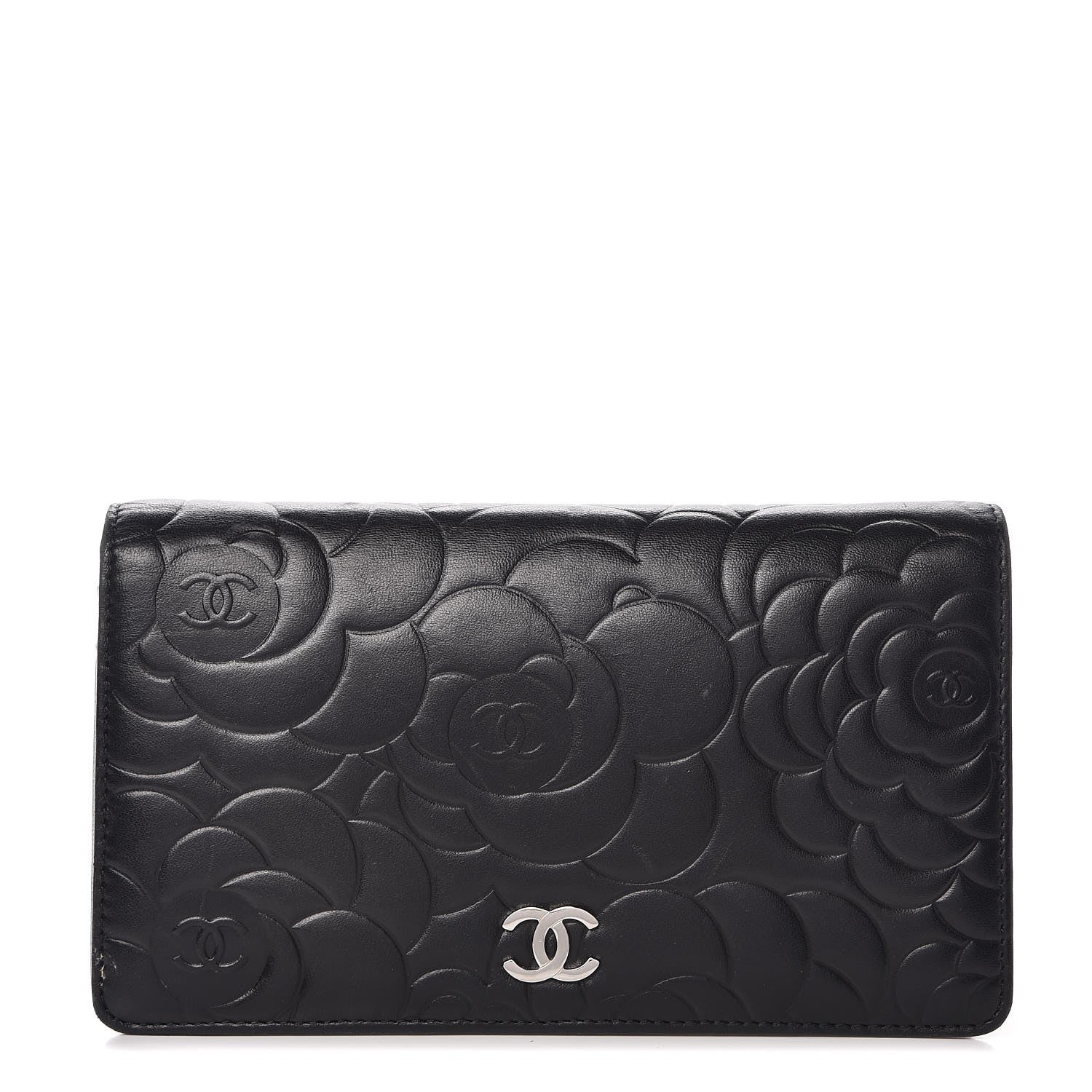 Chanel Lambskin Camellia Embossed Yen Wallet Black 1 of 8