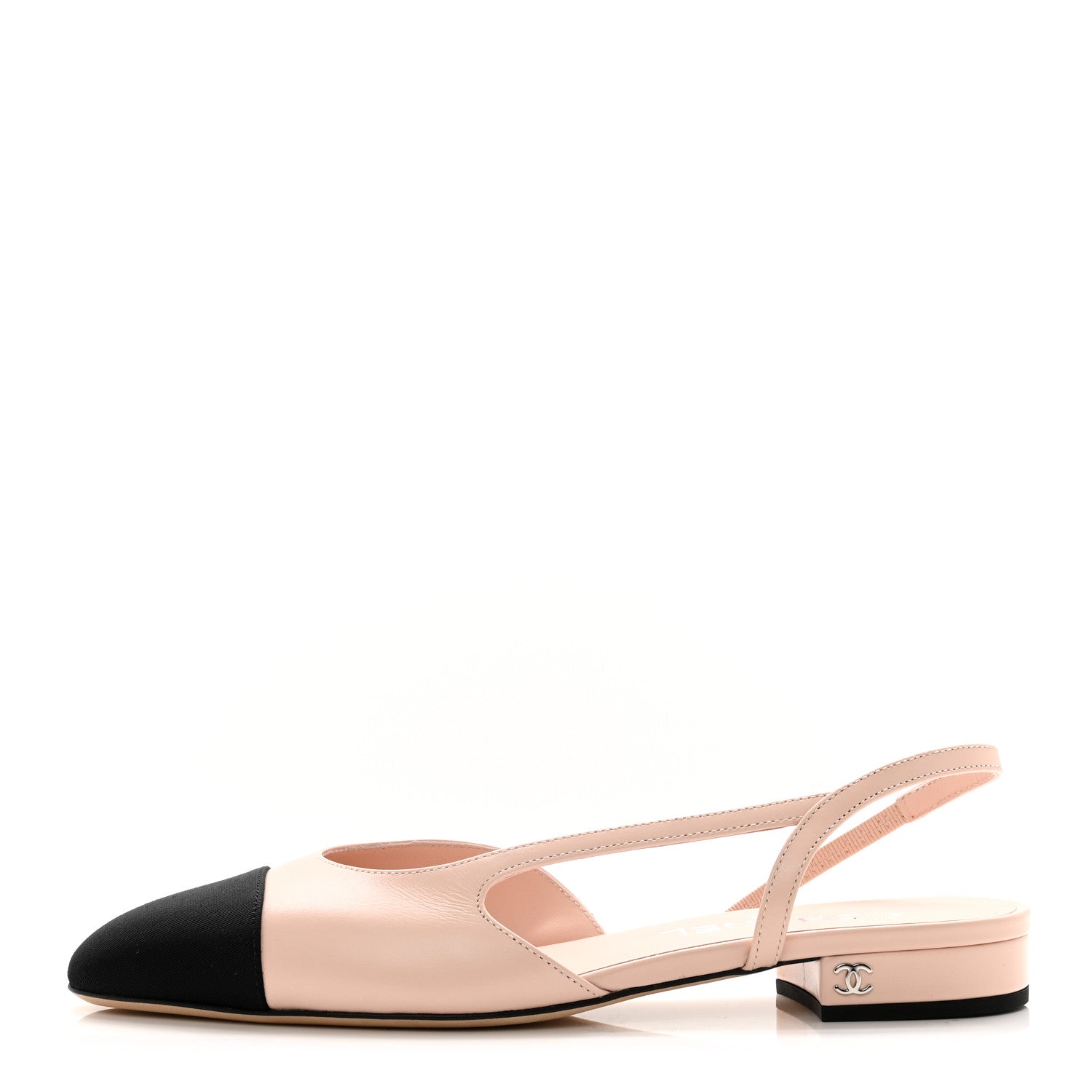 Chanel Calfskin Grosgrain Cap Toe CC Slingback Flats 38 Light Pink Black 1 of 9