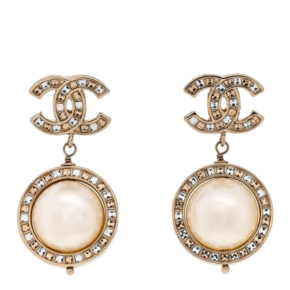 Chanel Baguette Crystal CC Pearl Drop Art Decoco Earrings Light Gold 1 of 4