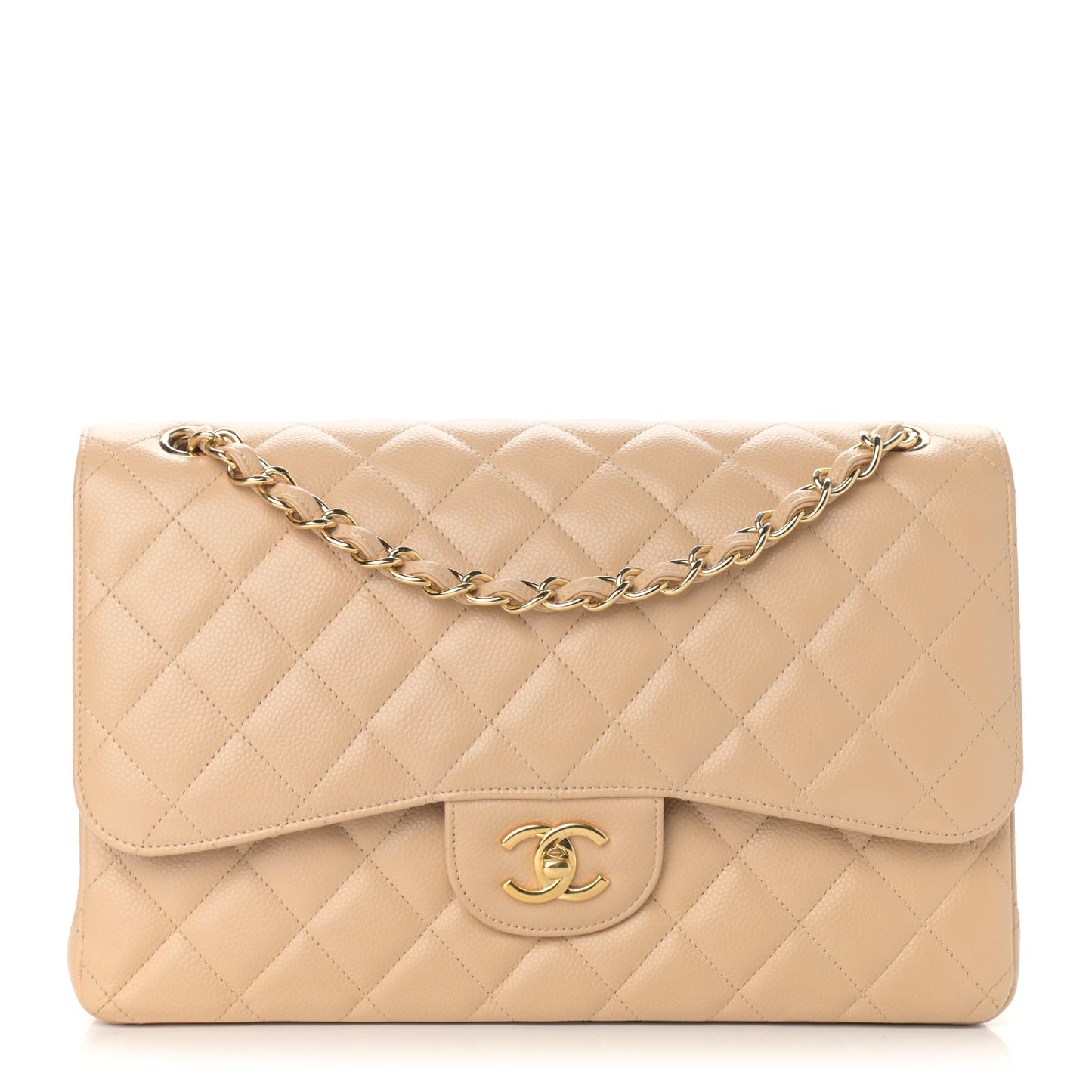 Caviar Quilted Jumbo Double Flap Beige