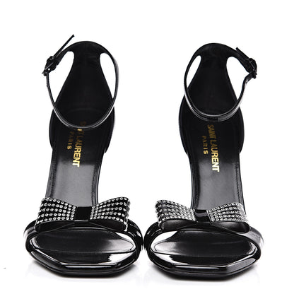 Saint Laurent Patent Calfskin Crystal Amber Bow 85 Ankle Strap Sandals 36 Black 2 of 10