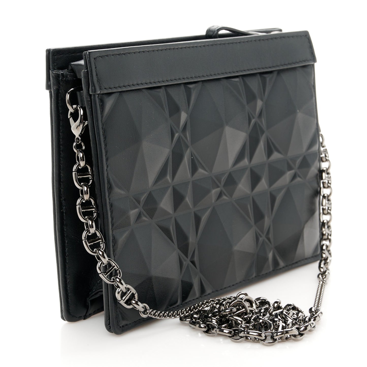 Calfskin Macrocannage Diamond Caro Zipped Pouch With Chain Black