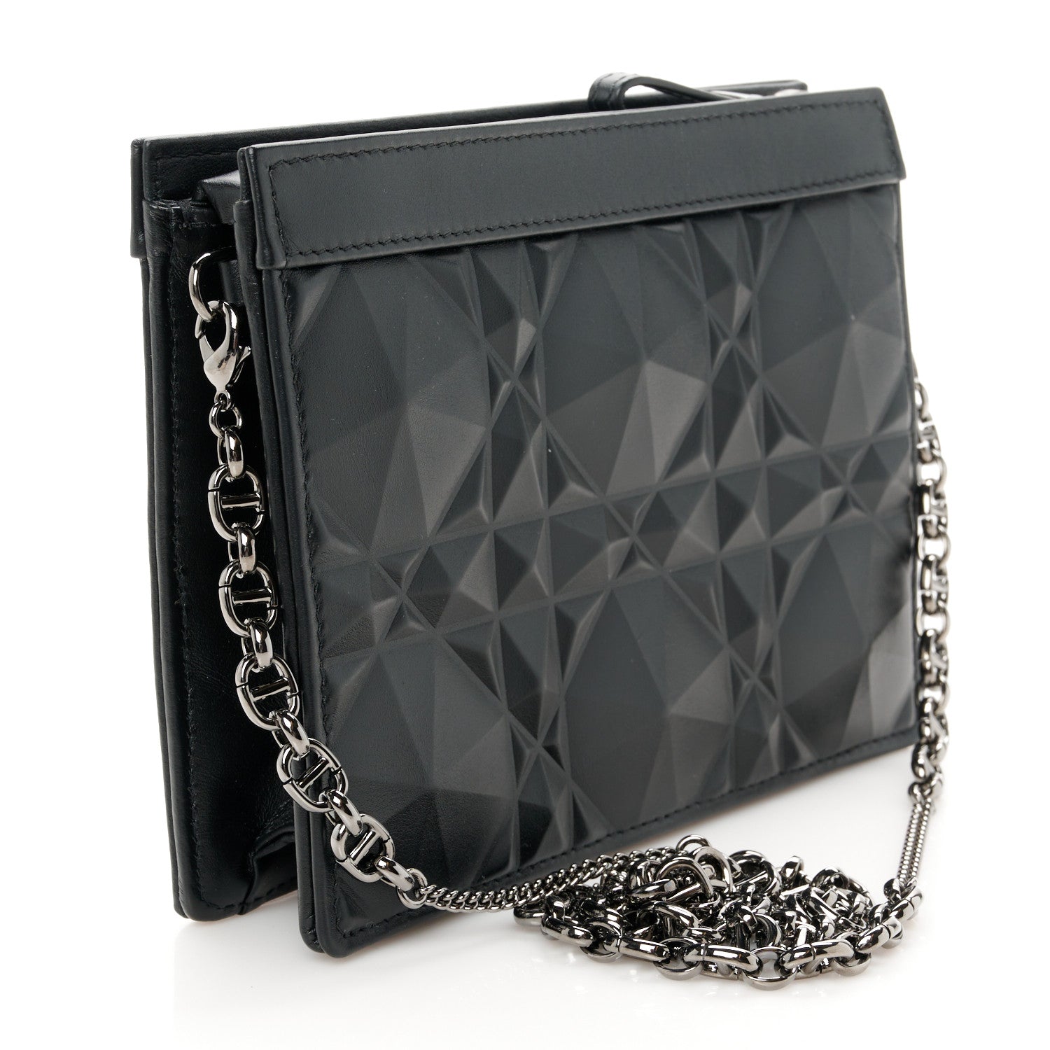 Christian Dior Calfskin Macrocannage Diamond Caro Zipped Pouch With Chain Black 3 of 10