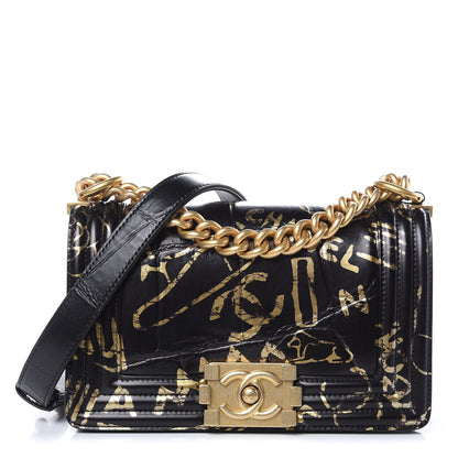 Chanel Calfskin Crocodile Embossed Graffiti Cocodile Small Boy Flap Black Gold 1 of 9