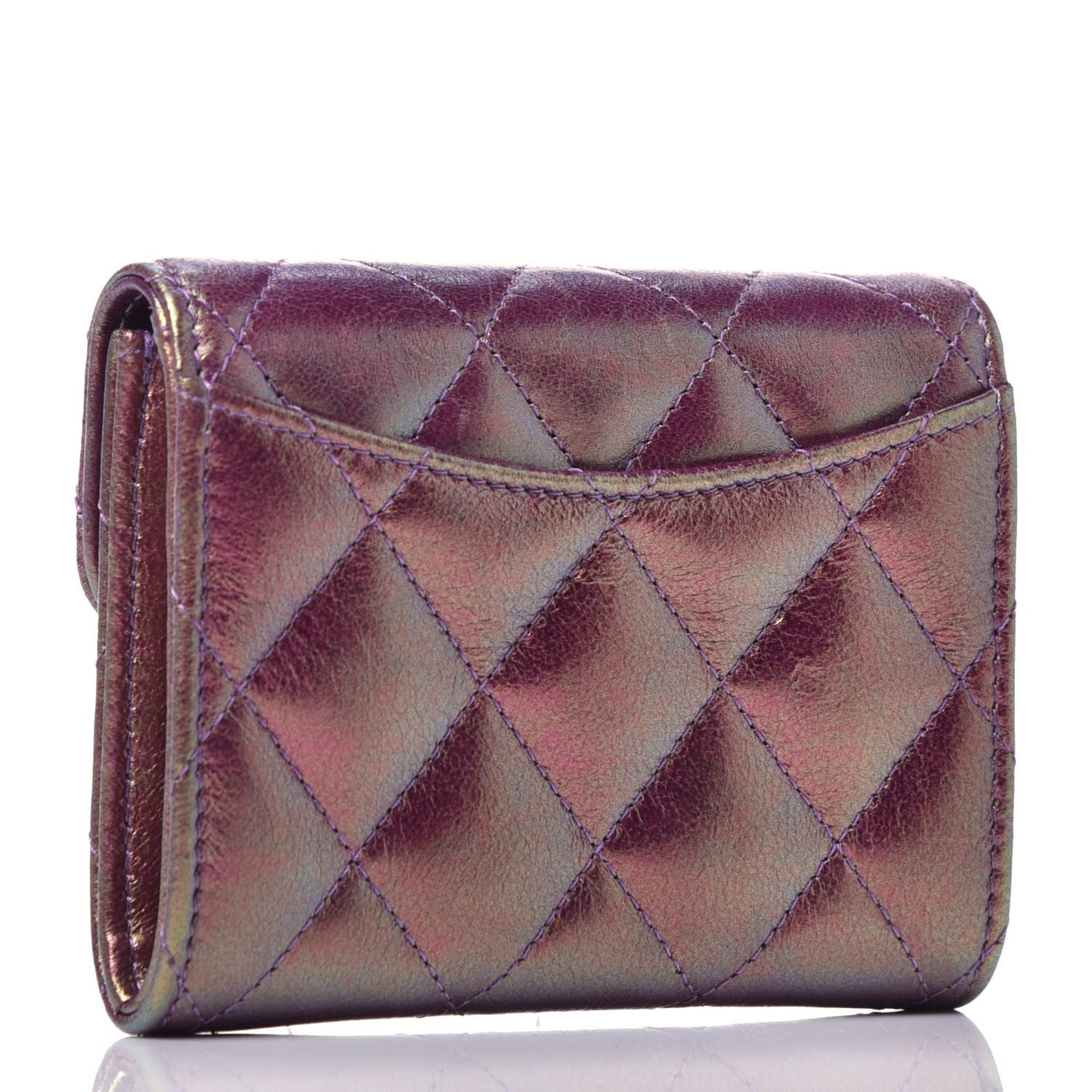 Iridescent Lambskin Quilted Flap Card Holder Purple