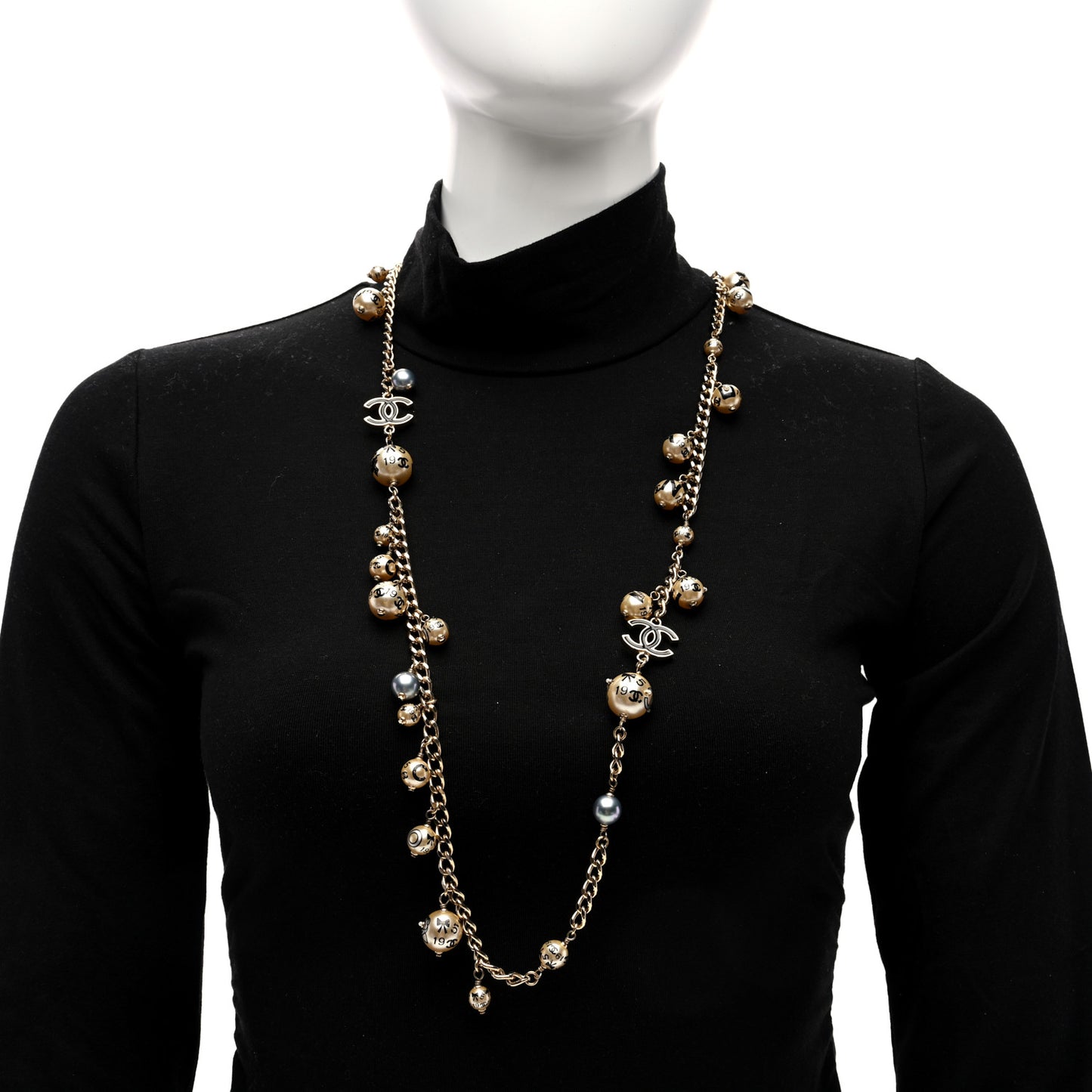 Enamel Pearl CC Camellia Long Necklace Gold Black