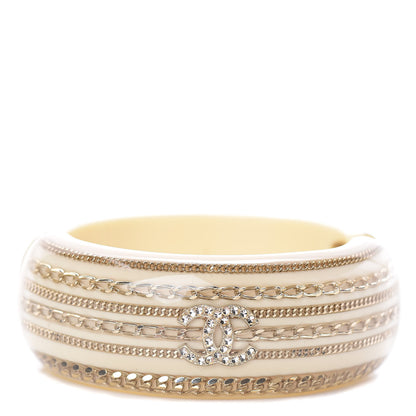 Chanel Resin Crystal Chain CC Cuff Bracelet Off White Gold 1 of 4
