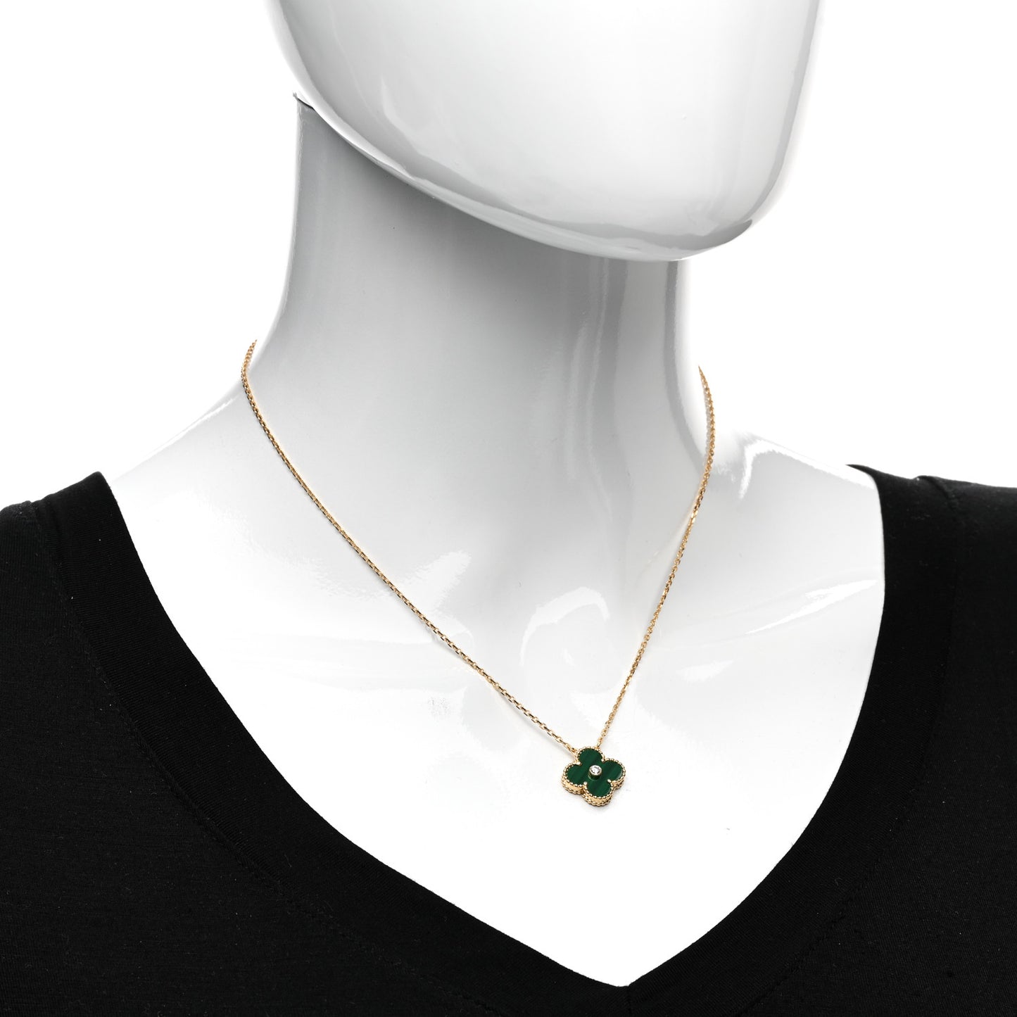 18K Yellow Gold Diamond Malachite Vintage Alhambra Pendant Necklace