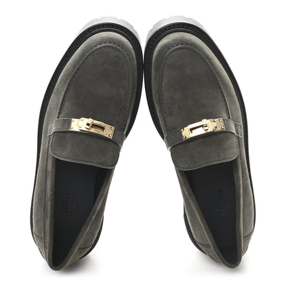 Hermes Chevre Velours Womens Icone Loafers 37 Vert Foret 2 of 10