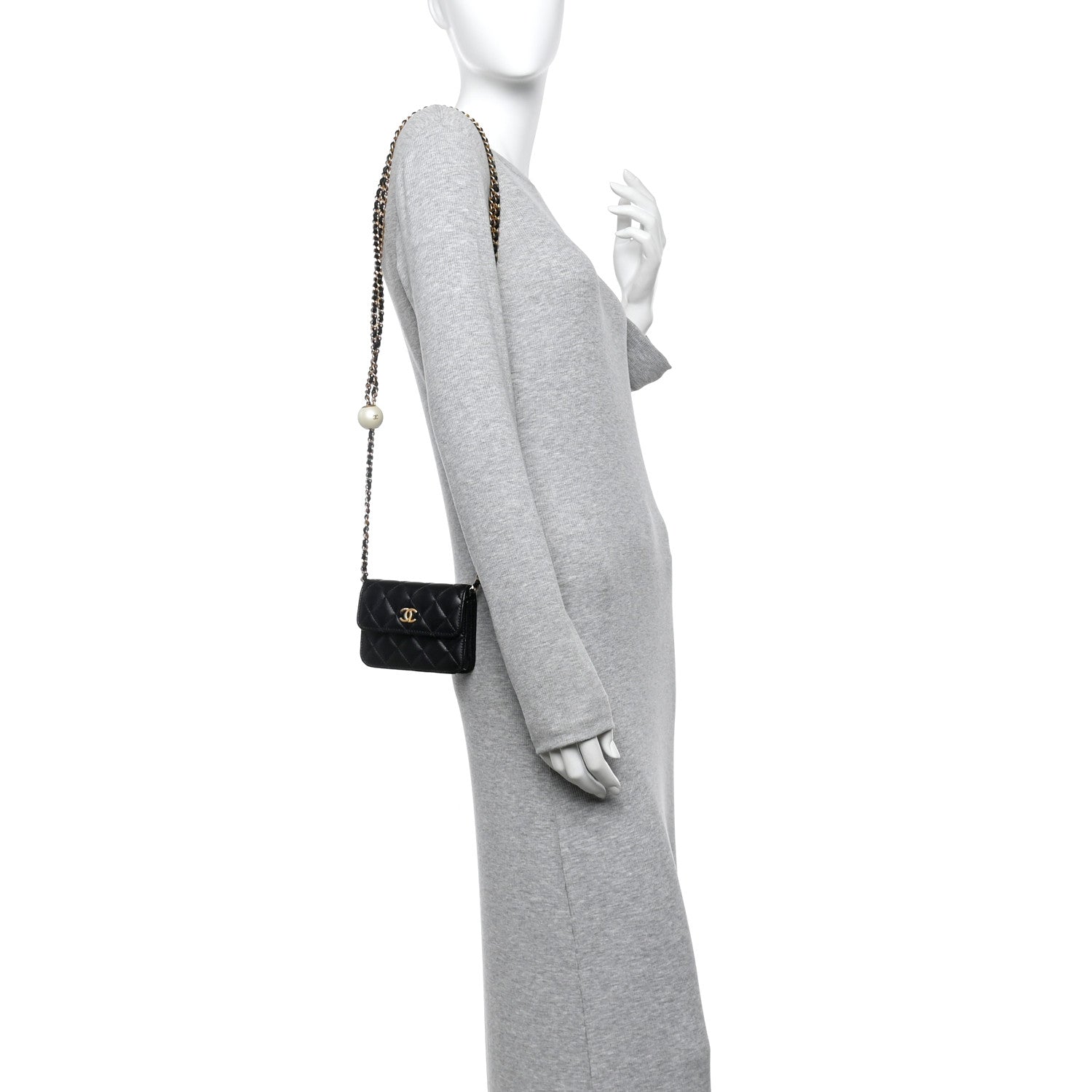 Chanel Lambskin Quilted Maxi Pearl Clutch With Chain Black 2 of 12