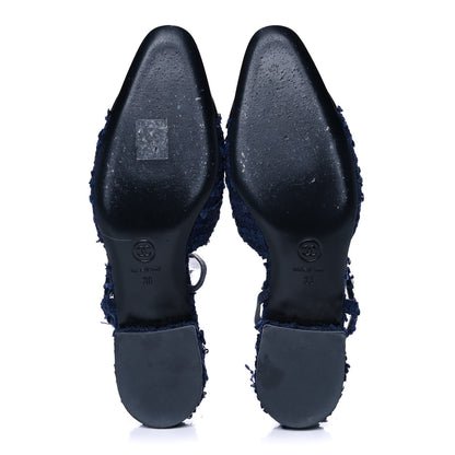 Chanel Tweed Patent Cap Toe CC Slingback Flats 38 Navy 5 of 9