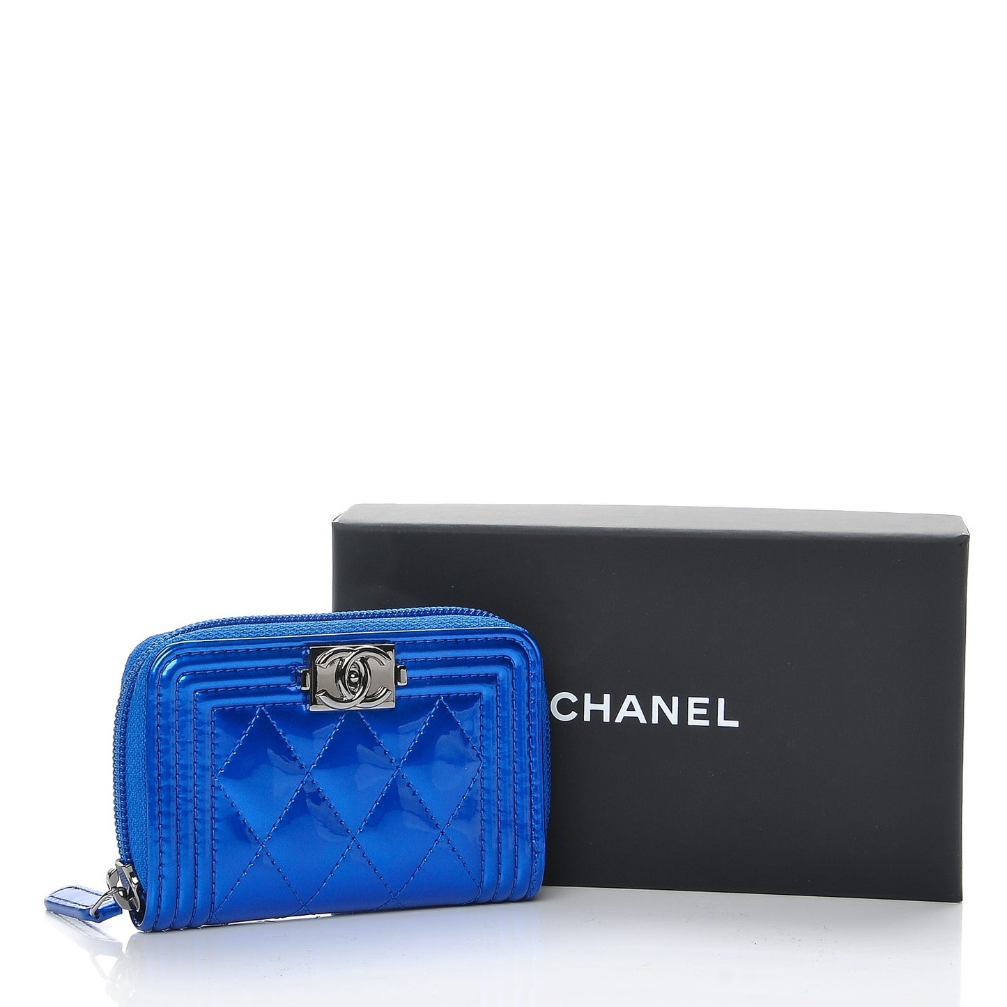 Metallic Patent Quilted Zip Around Boy Coin Purse Wallet Blue