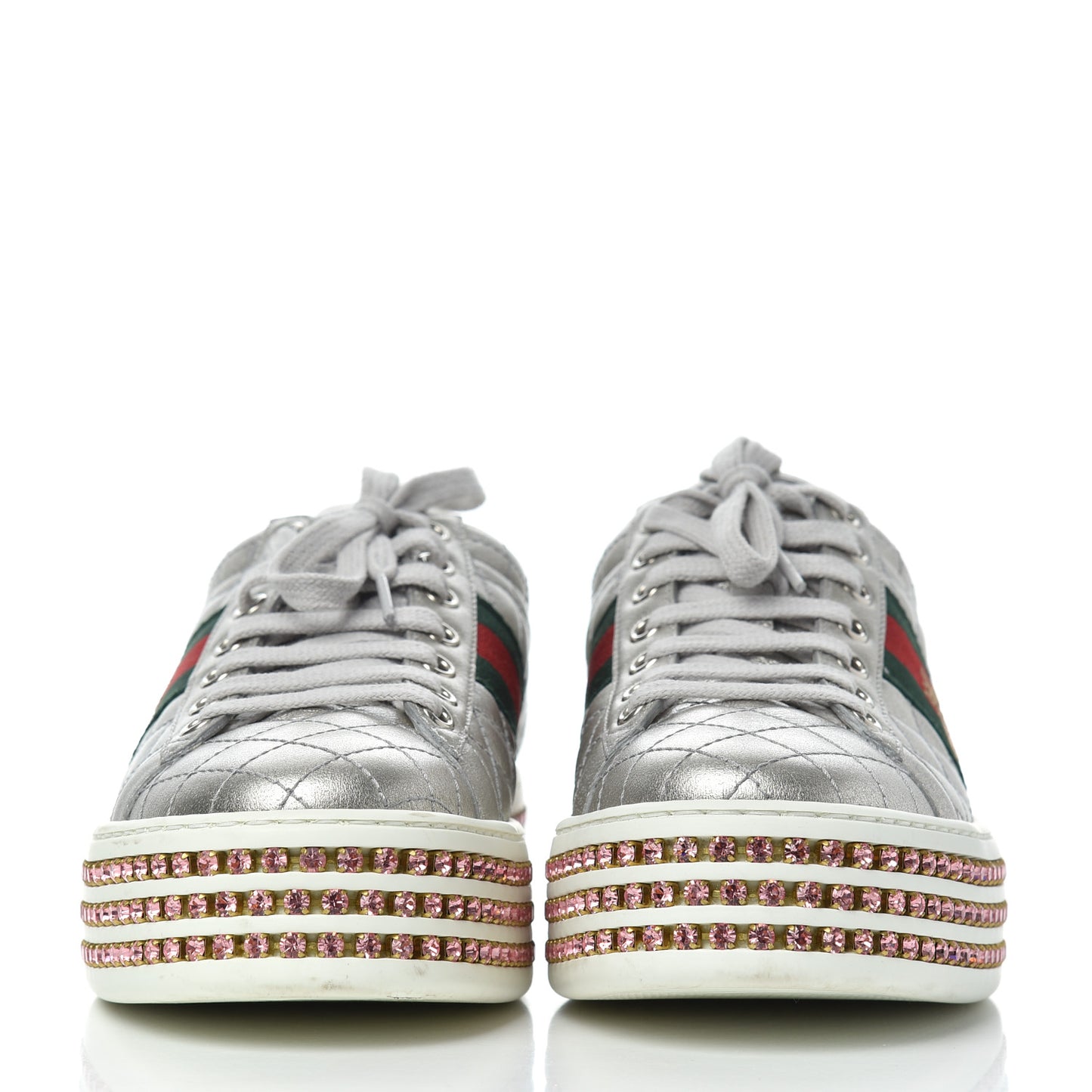 Laminated Nappa Crystal Web Bee Embroidered Trapuntata Womens Ace Platform Sneakers 36.5 Argento