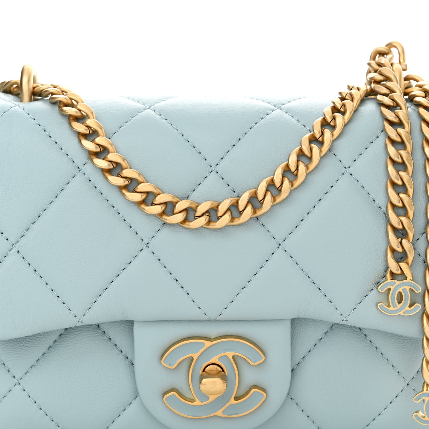 Lambskin Enamel Quilted Mini Pending CC Square Flap Light Blue