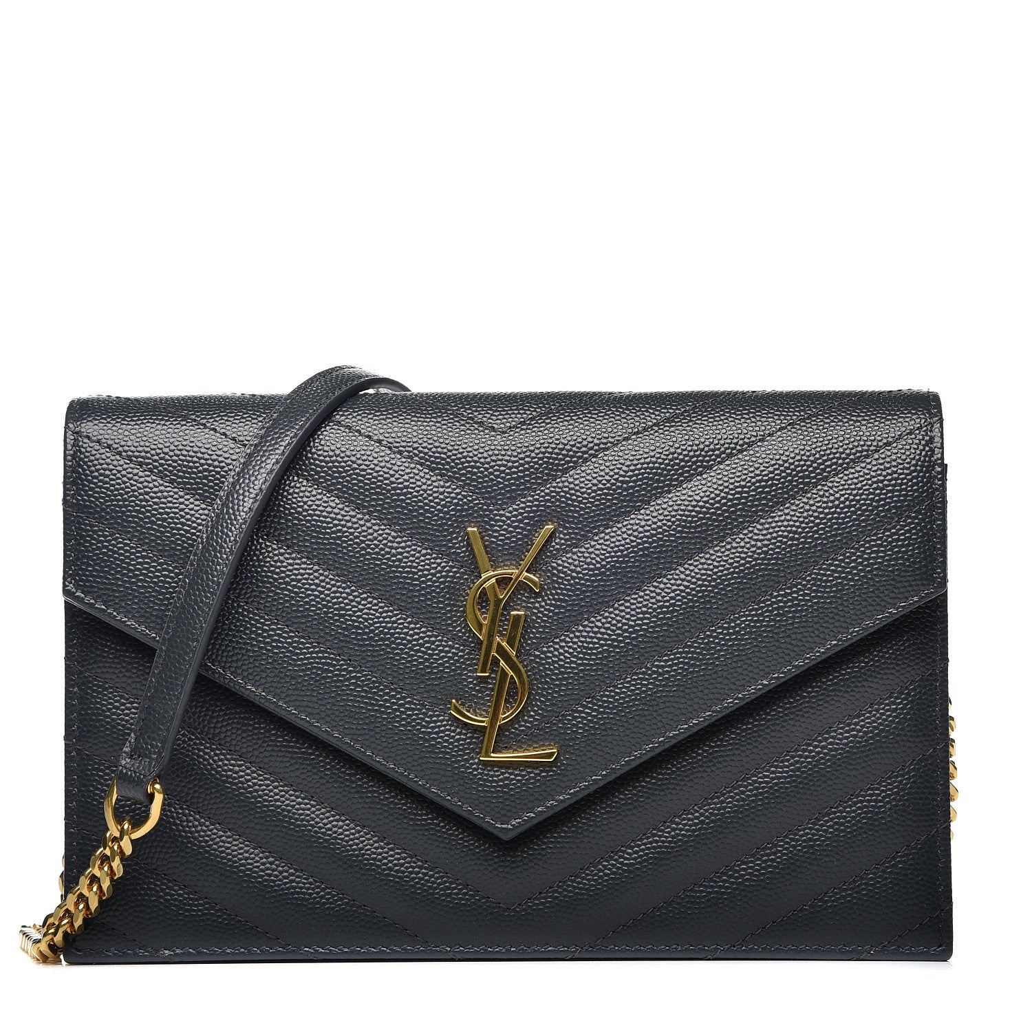 Saint Laurent Grain De Poudre Matelasse Chevron Monogram Envelope Chain Wallet Dark Smog 1 of 9
