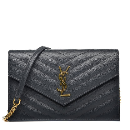 Saint Laurent Grain De Poudre Matelasse Chevron Monogram Envelope Chain Wallet Dark Smog 1 of 9