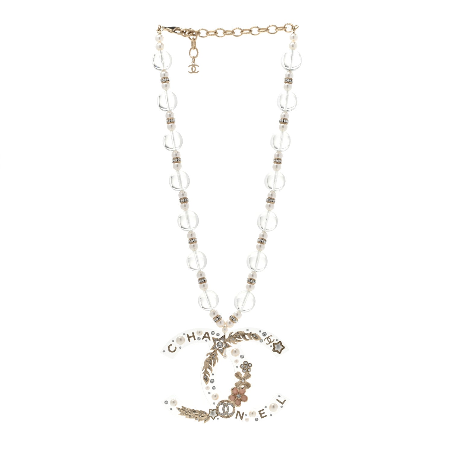 Chanel Resin Pearl Crystal Feather Star CC Necklace Transparent Gold 3 of 7