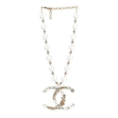 Chanel Resin Pearl Crystal Feather Star CC Necklace Transparent Gold 3 of 7