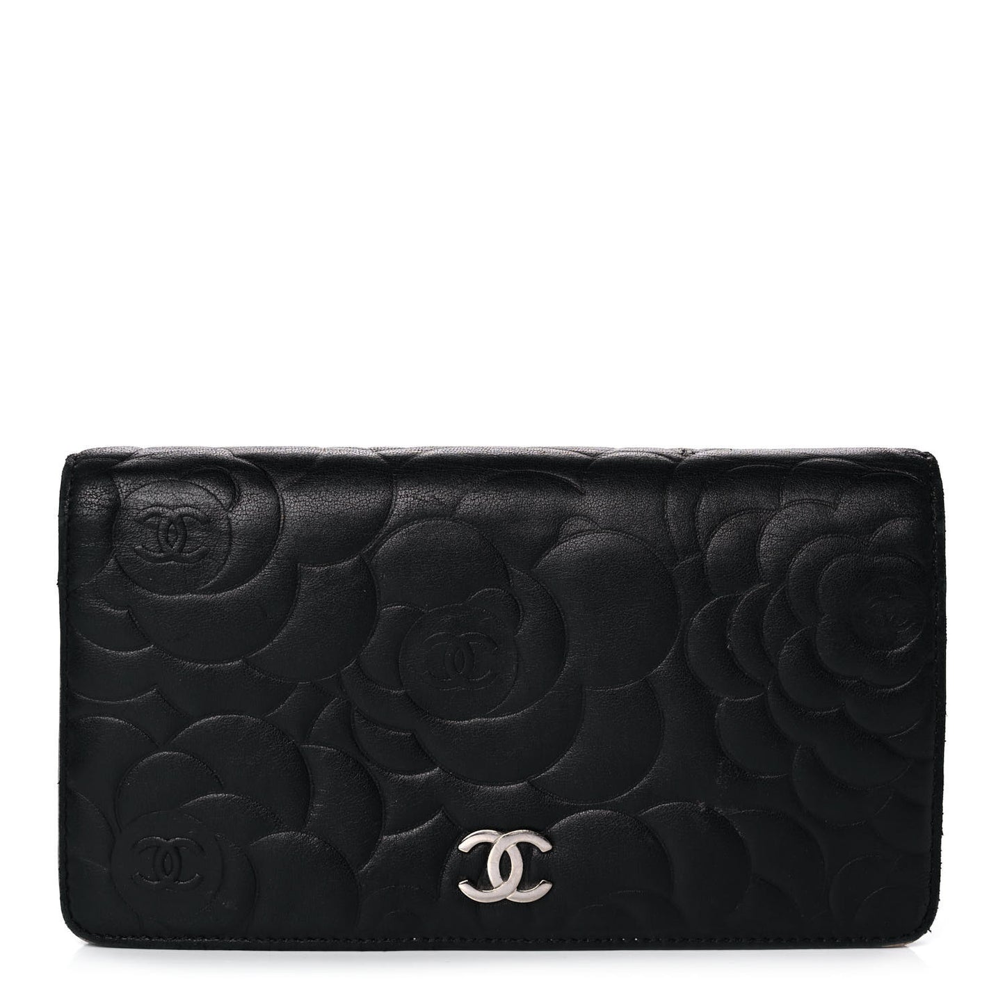 Lambskin Camellia Embossed Yen Wallet Black