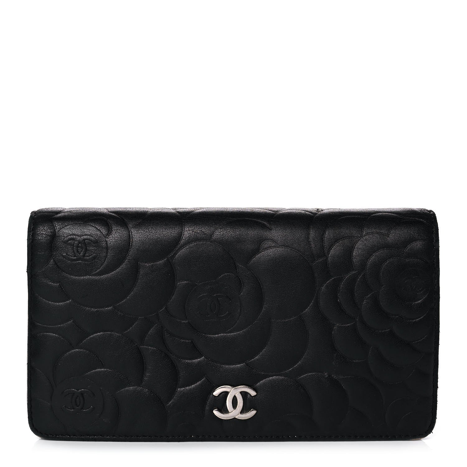 Chanel Lambskin Camellia Embossed Yen Wallet Black 1 of 14