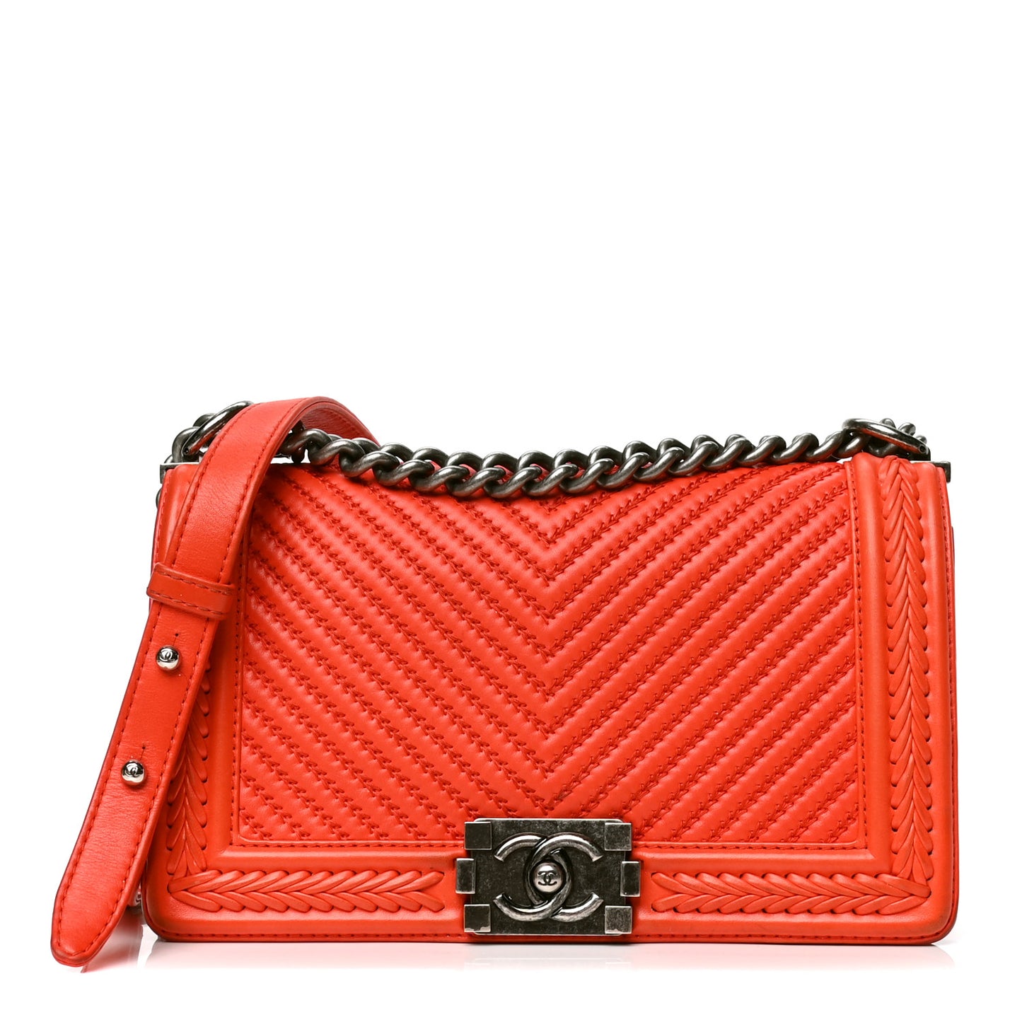 Calfskin Chevron Quilted Medium Braided Boy Flap Orange