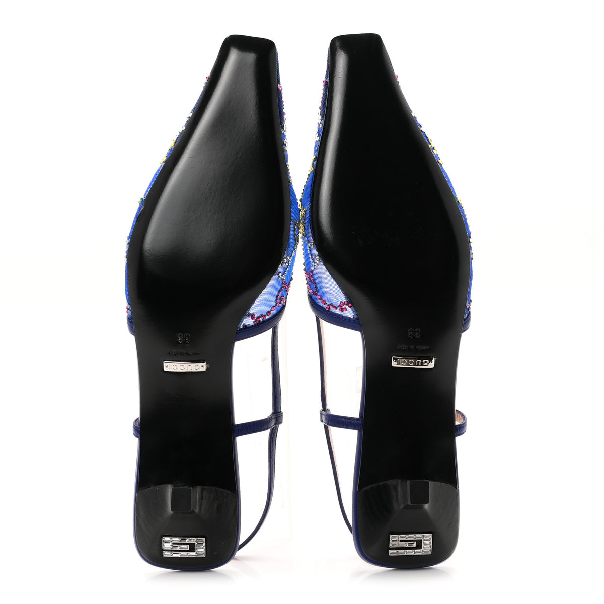 Gucci Tela Retino Nappa Charlotte Crystal GG Monogram Square G 35mm Slingback Pumps 38 Splash Net Blue Witch 6 of 9