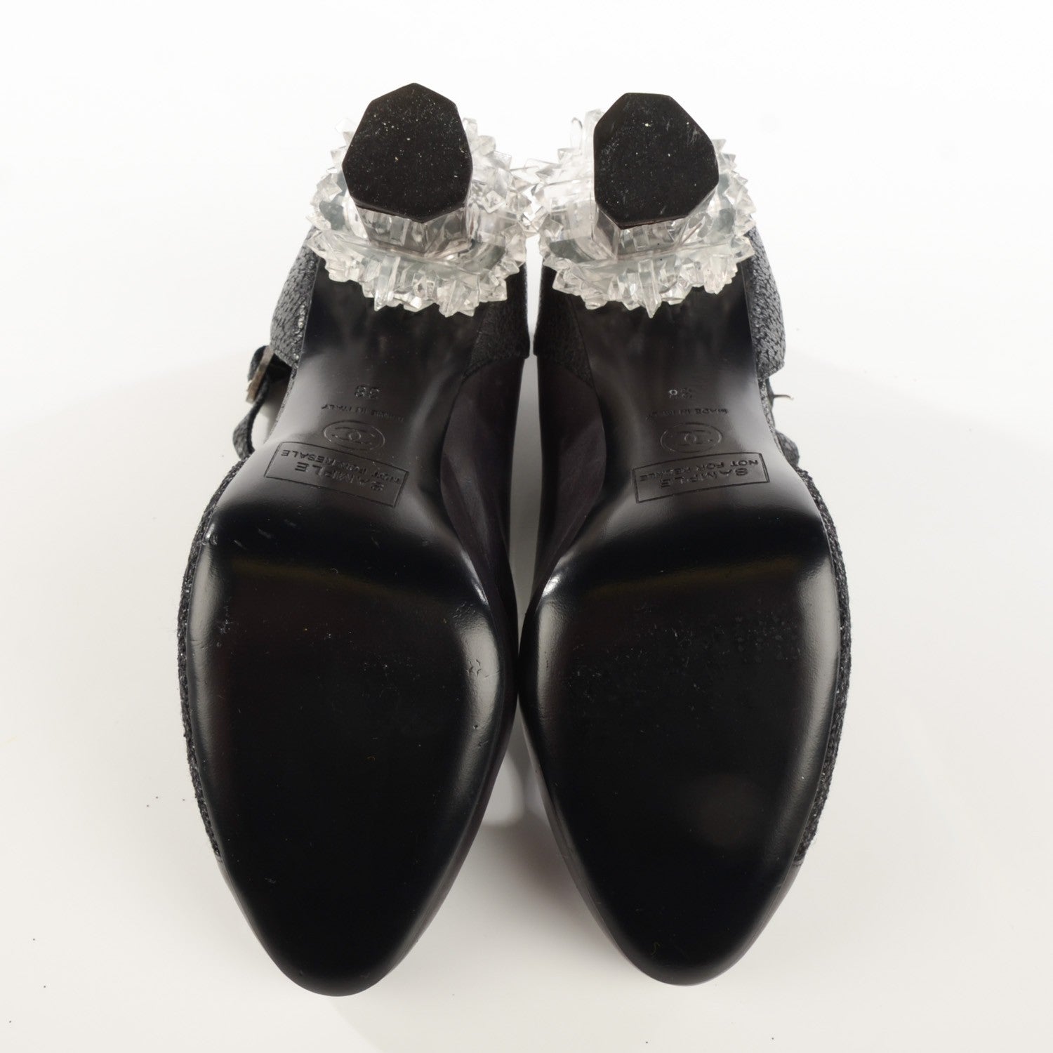 Chanel Lambskin Calfskin Tweed Crystal Age Open Booties 38 Black 5 of 7