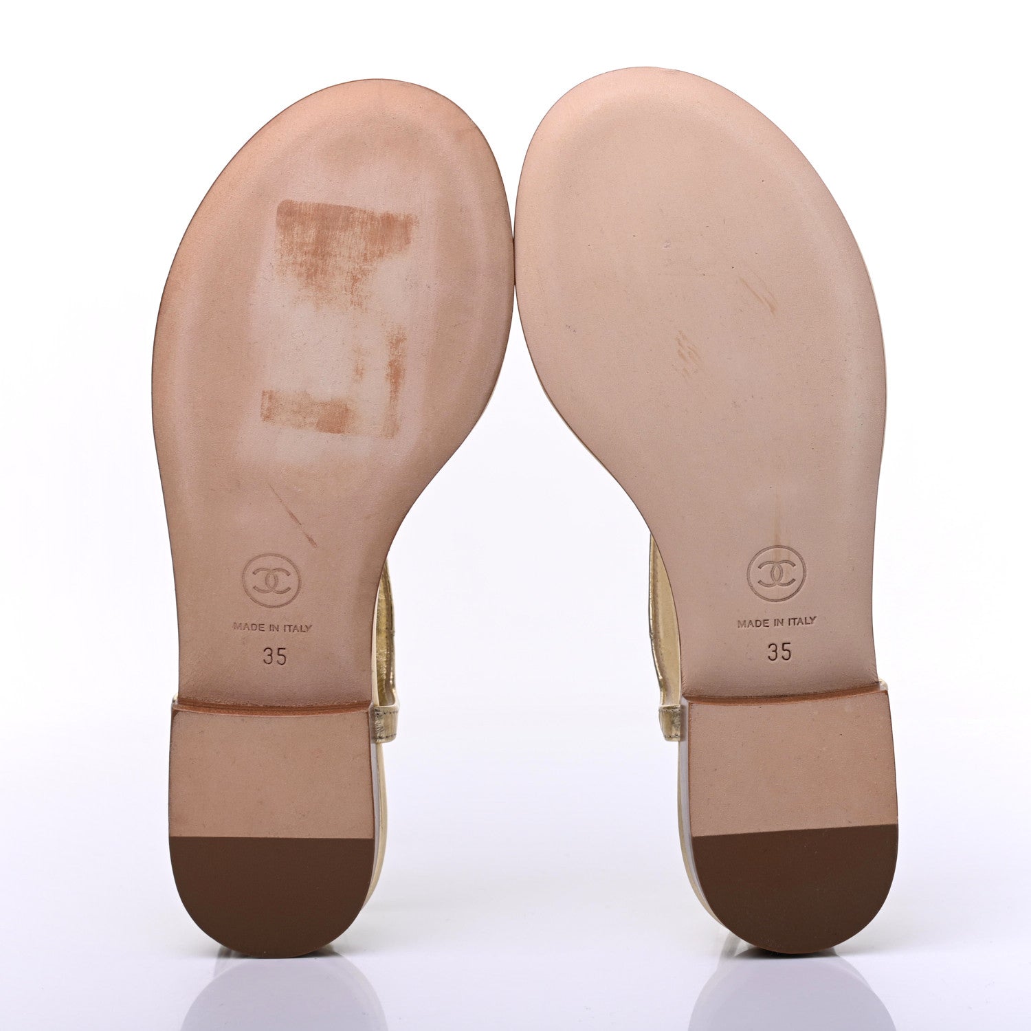 Chanel Aged Metallic Calfskin Pearl Crystal CC Charm Thong Sandals 35 Gold 5 of 13