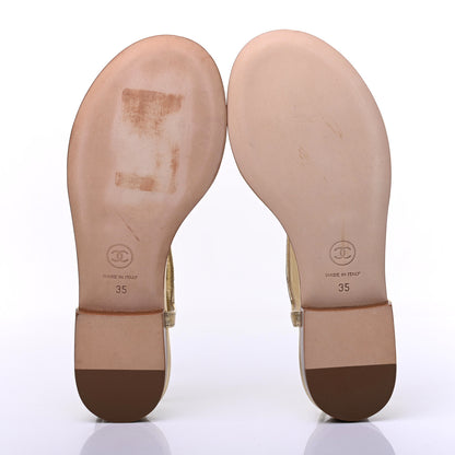 Chanel Aged Metallic Calfskin Pearl Crystal CC Charm Thong Sandals 35 Gold 5 of 13