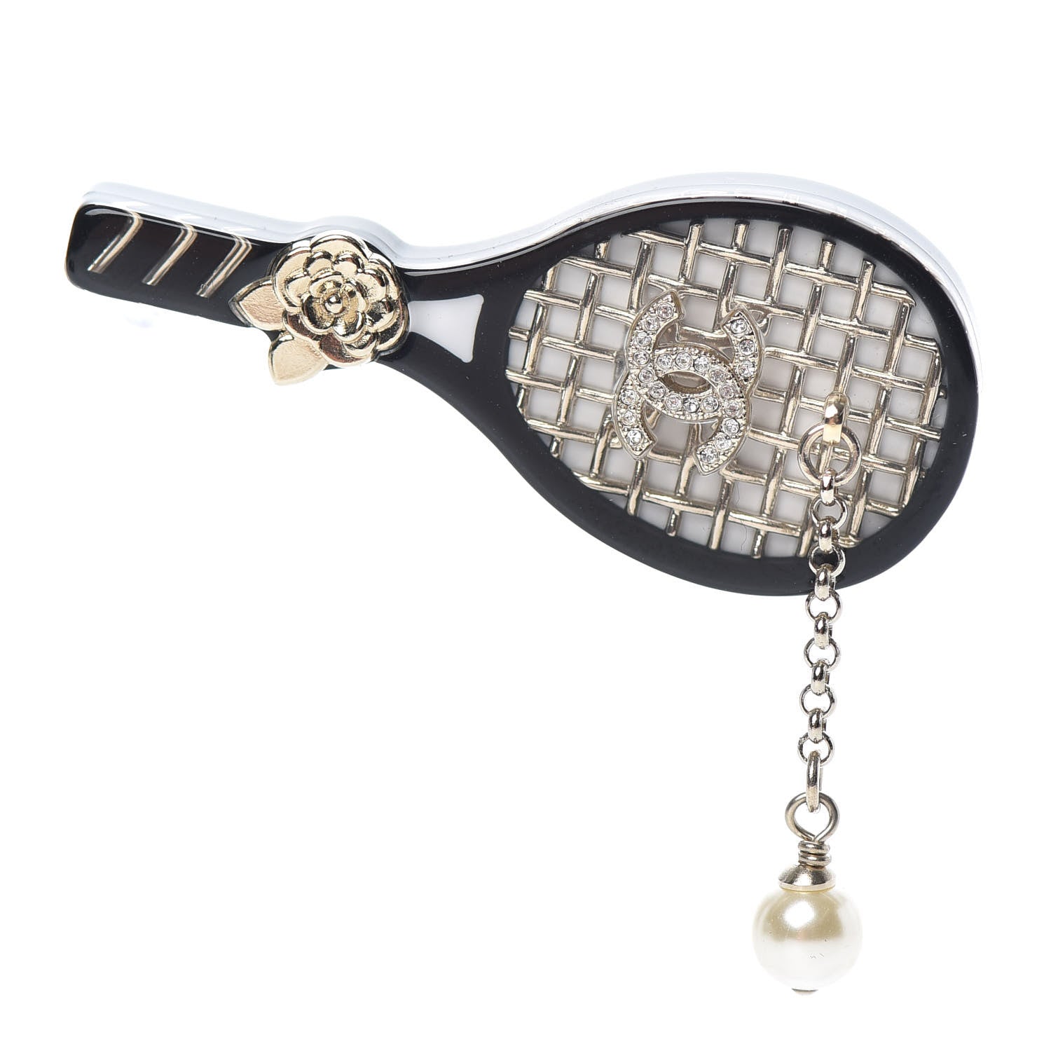 Chanel Pearl Strass Resin Crystal CC Tennis Racket Brooch Gold Black Pearly White 1 of 4