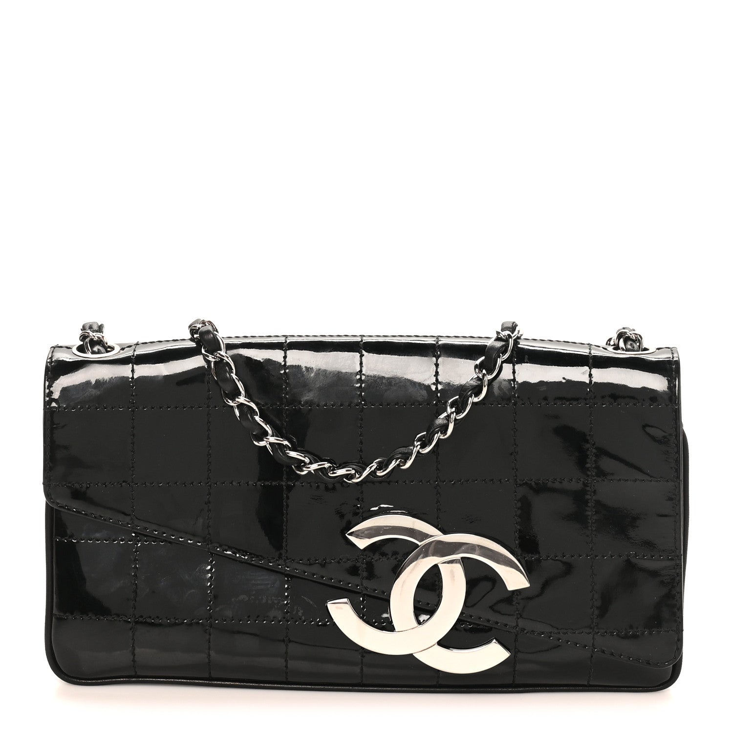 Chanel Patent Quilted Diagonal CC East West Chocolate Bar Flap Black 1 of 12