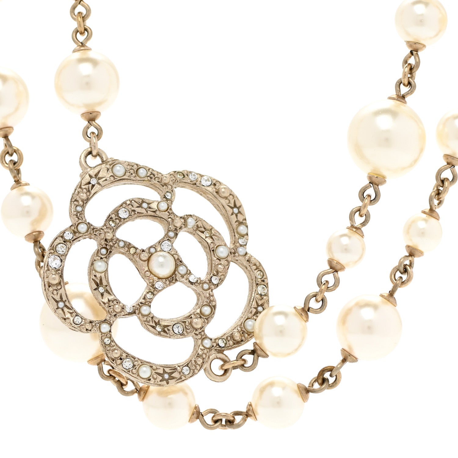 Chanel Pearl Crystal Camellia CC Necklace Gold 4 of 6