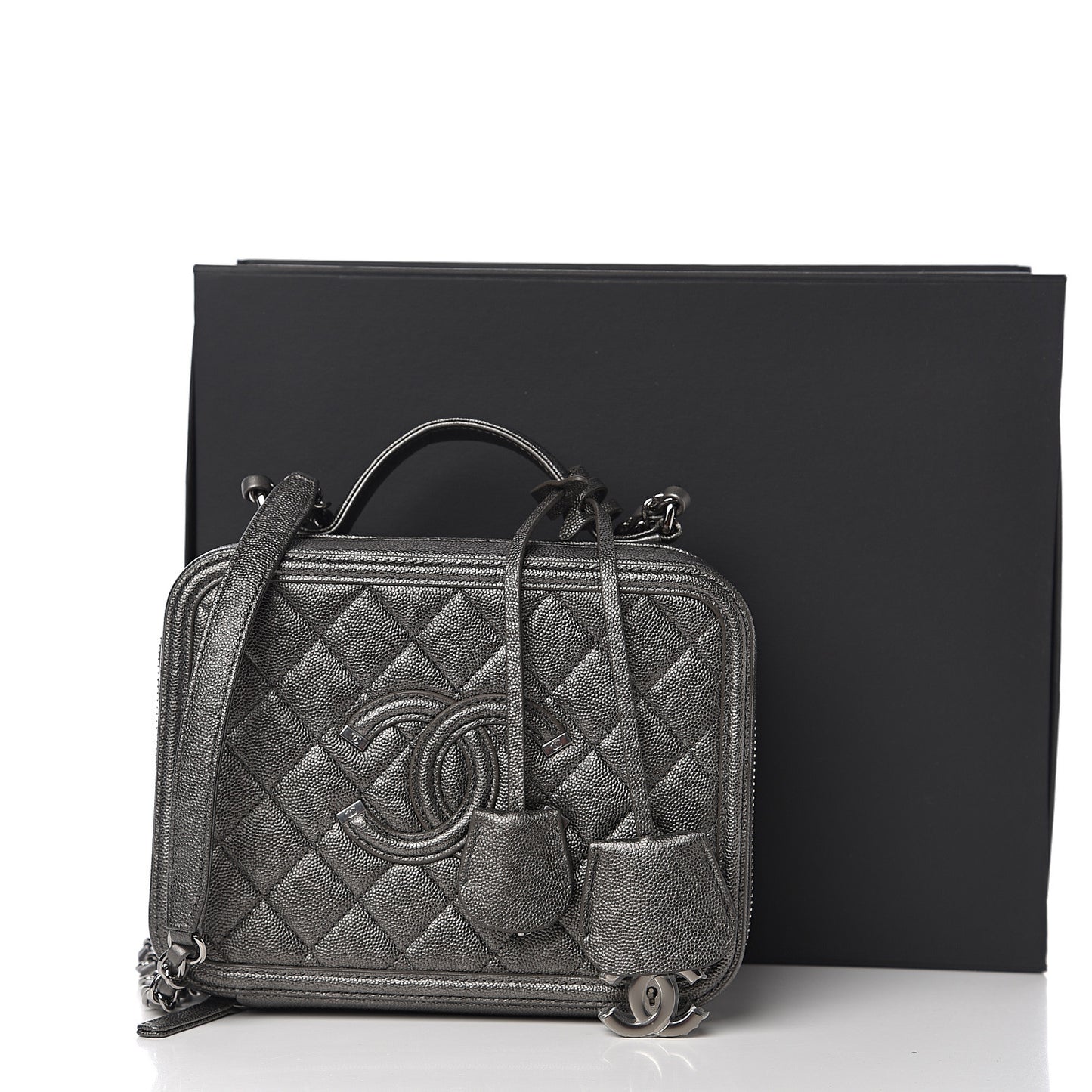 Metallic Caviar Quilted Medium CC Filigree Vanity Case Dark Silver