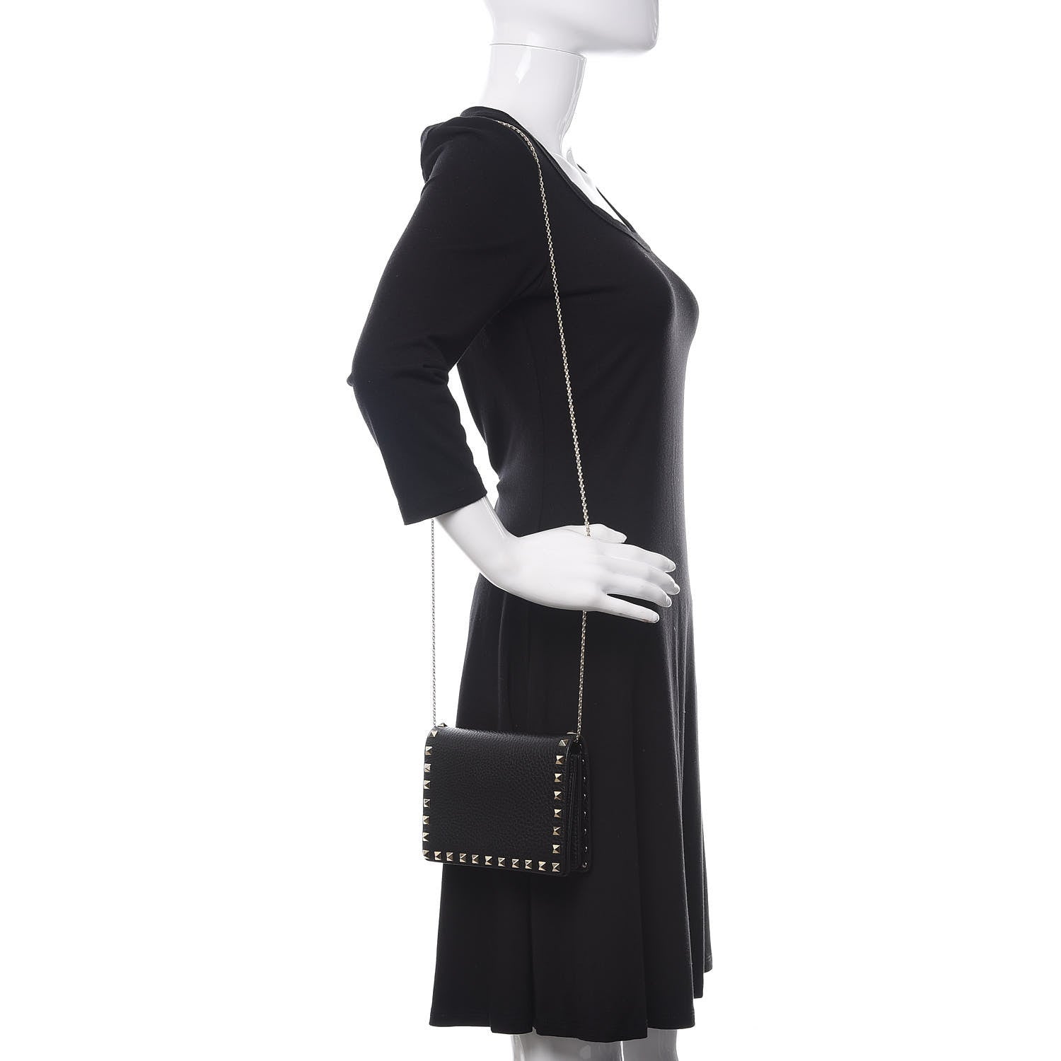 Valentino Garavani Pebbled Calfskin Rockstud Wallet on Chain Black 2 of 10