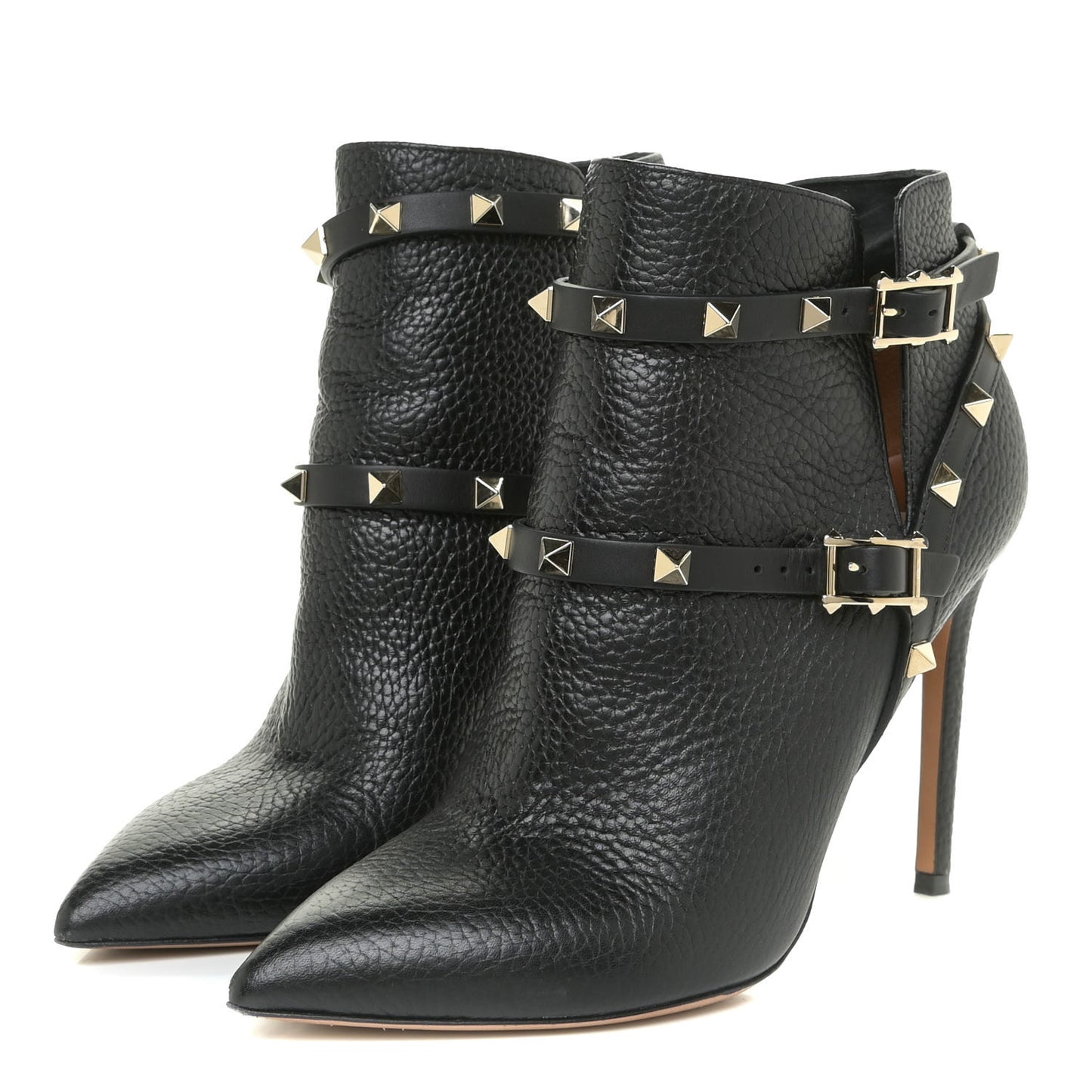 Pebbled Calfskin Rockstud Double Buckle 100mm Ankle Boots 37 Black