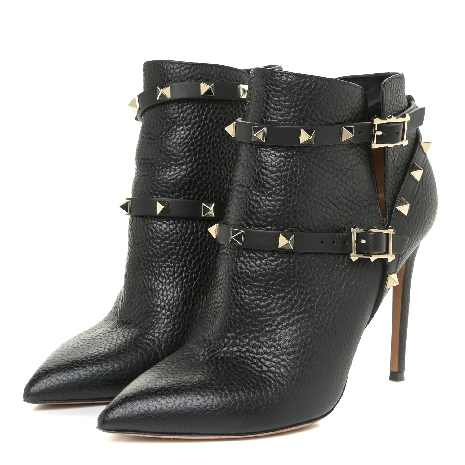 Valentino Garavani Pebbled Calfskin Rockstud Double Buckle 100mm Ankle Boots 37 Black 3 of 12