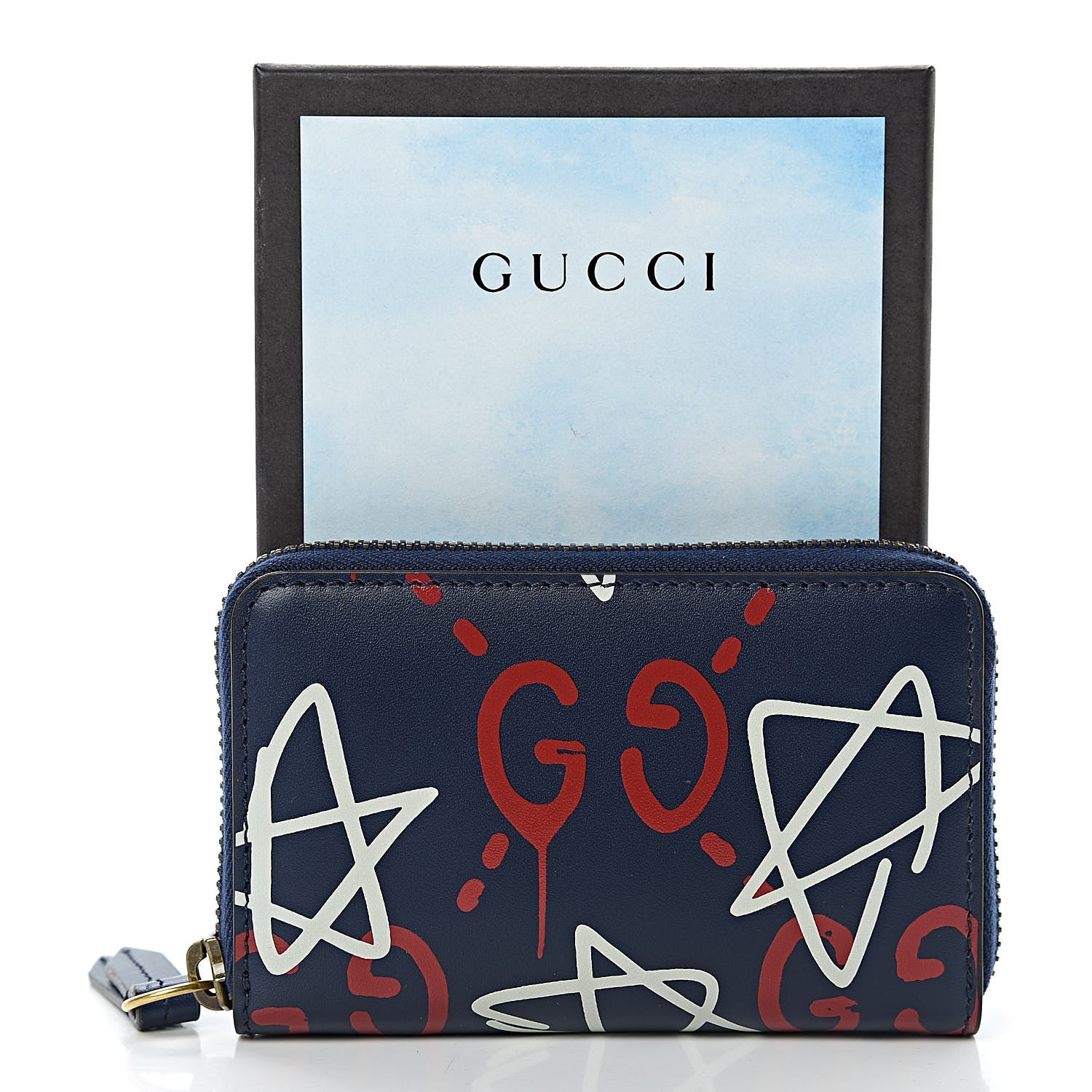 Gucci Calfskin GucciGhost Zip Around Card Case Blue Agata Hibiscus Red 8 of 8