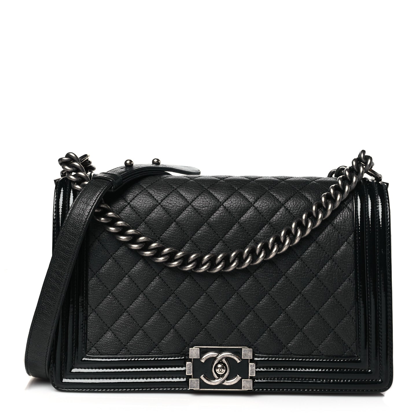 Goatskin Quilted Patent New Medium Duo Boy Flap Black