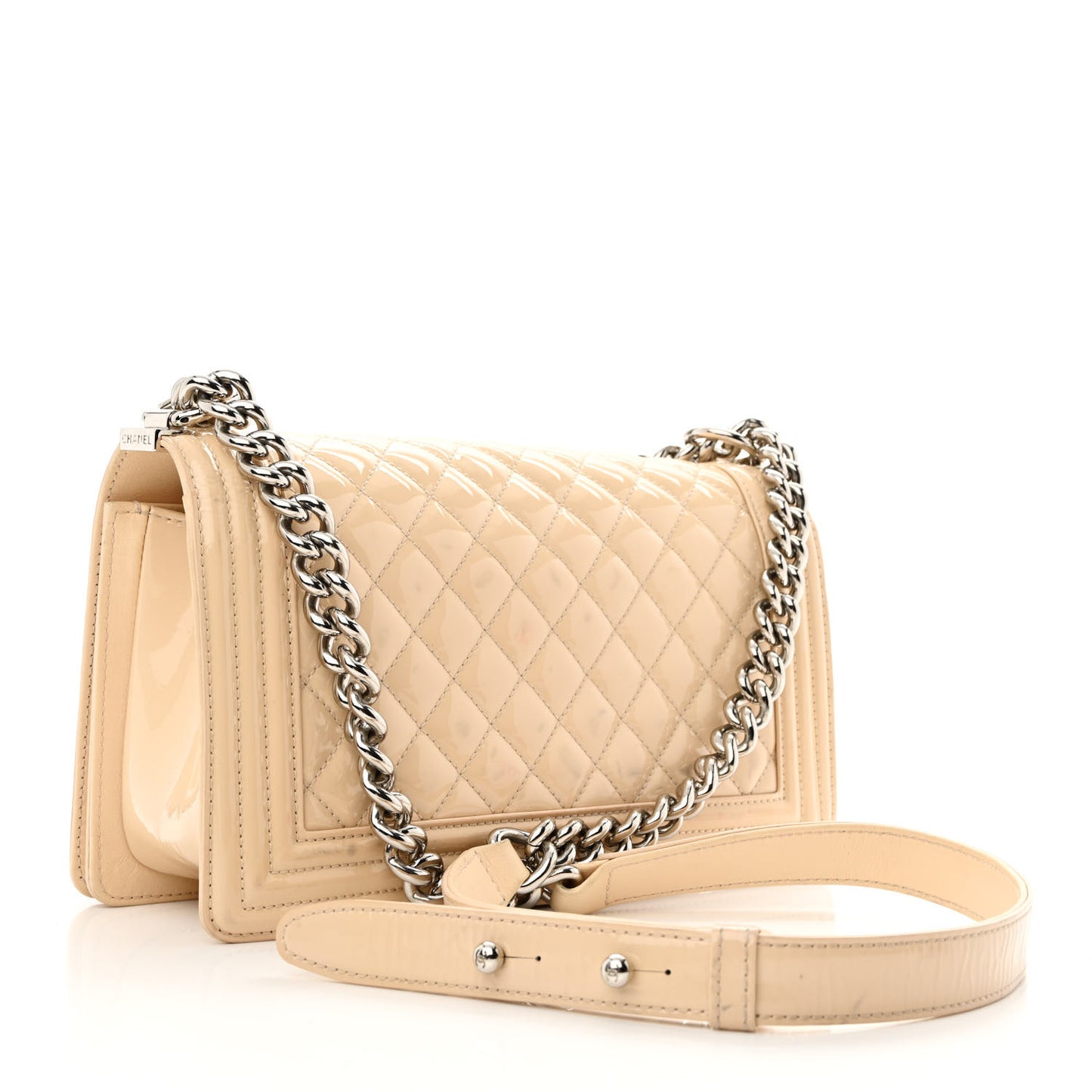 Patent Calfskin Quilted Medium Plexiglass Boy Flap Beige
